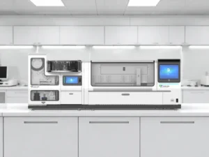 Modular automated slide stainer with touchscreens, reagent compartments, and robotic arms on a white laboratory bench