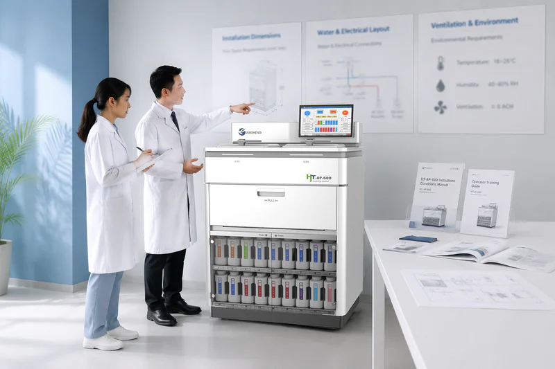 Laboratory technician operating automated sample preparation equipment