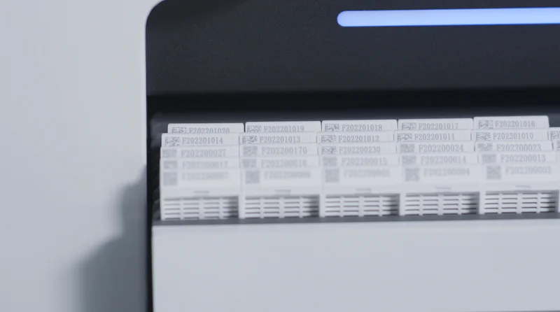 Marked tissue cassettes going through histology reagent processing