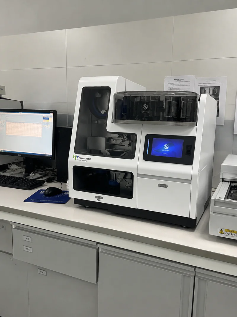 Automatic tape slide coverslipper finishing stained slides in a histology laboratory