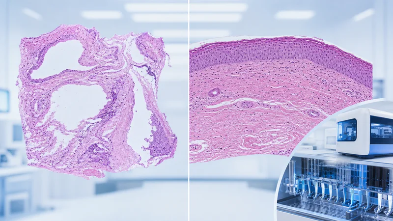 Stained tissue section viewed under a microscope through coverslipping film