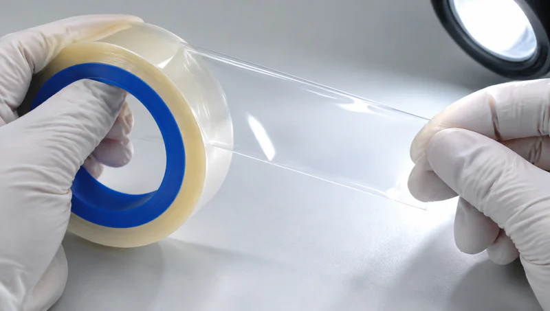 Film surface inspected under light for scratches and creases