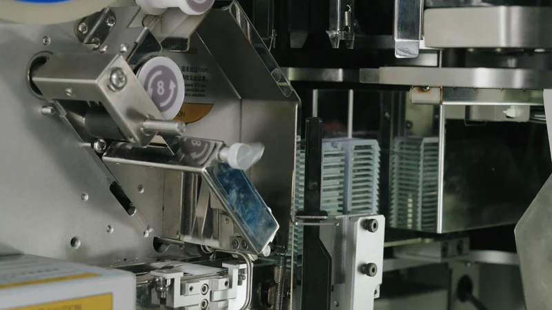 Slide rack moving from the stainer into the connected film coverslipper