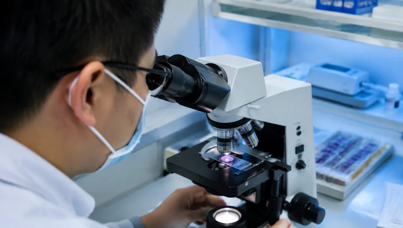 Stained tissue section reviewed under a microscope through coverslipping film