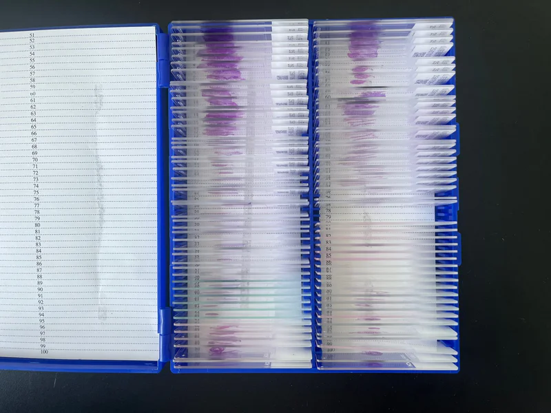 Clean slide edges on a finished film coverslipped pathology slide